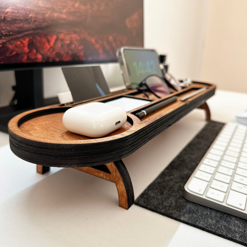 Elevated Wooden Desk Organizer – Phone, Glasses & Accessory Stand