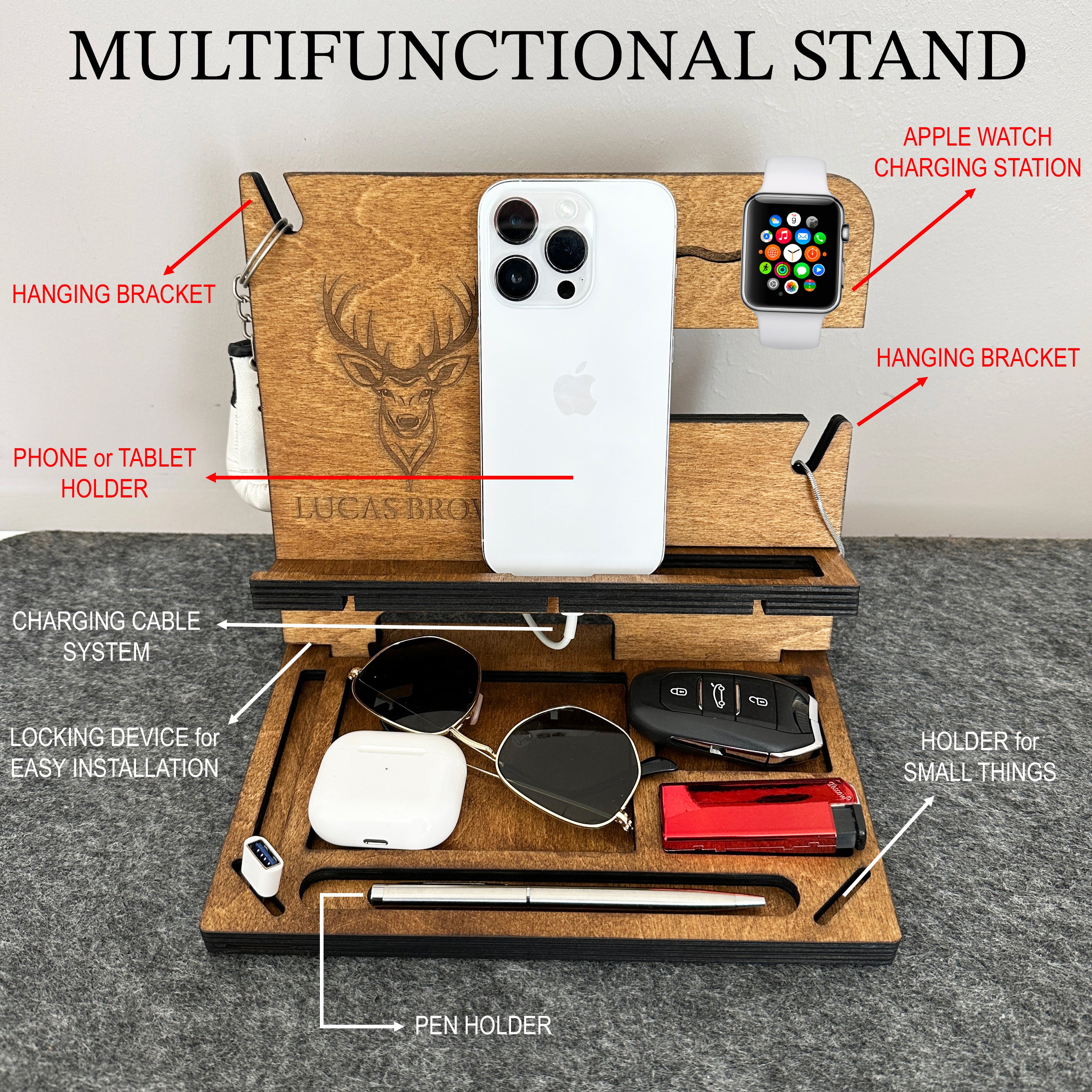 Wooden Multifunctional Docking Station – Phone, Watch & Accessory Organizer